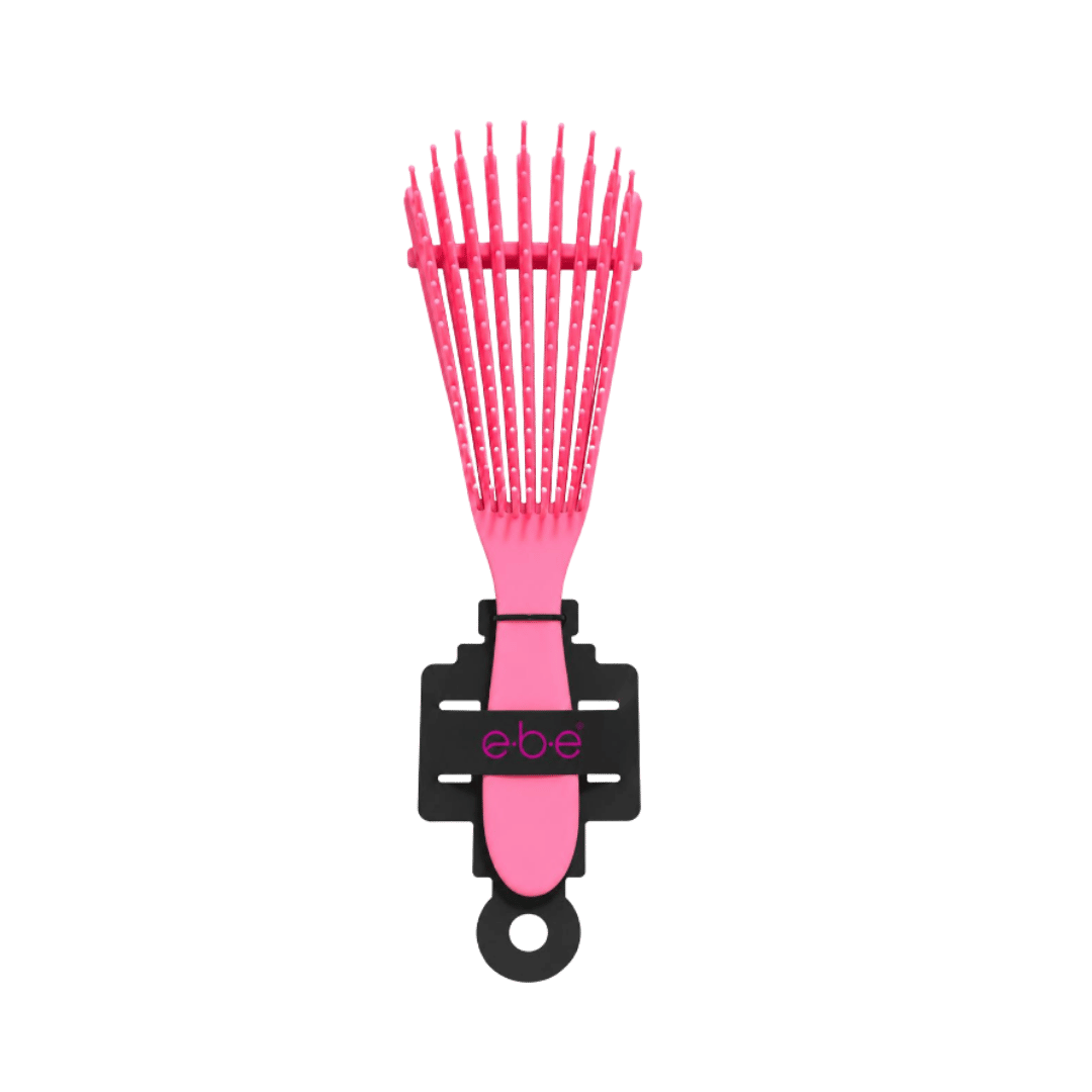 Easy Beauty pink detangling hair brush with long flexible vented bristles and black branded packaging holder.