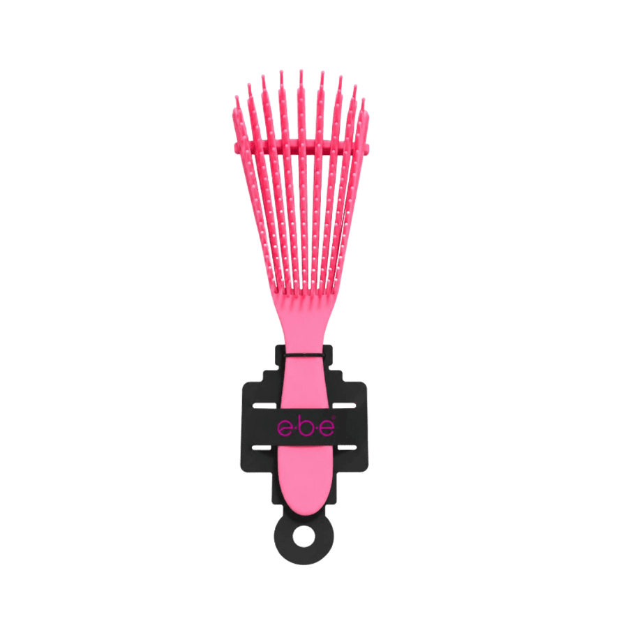 Easy Beauty pink detangling hair brush with long flexible vented bristles and black branded packaging holder.