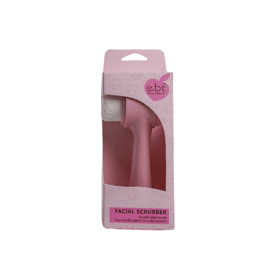 EBT Easy Beauty facial scrubber, pink double-sided brush in pink box with white bristles.