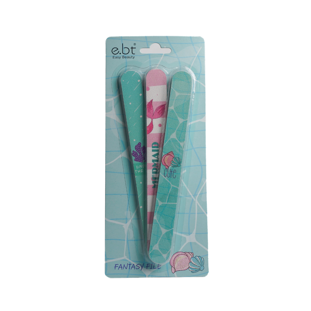 Easy Beauty Fantasy File three-piece nail file set in turquoise mermaid-themed blister packaging