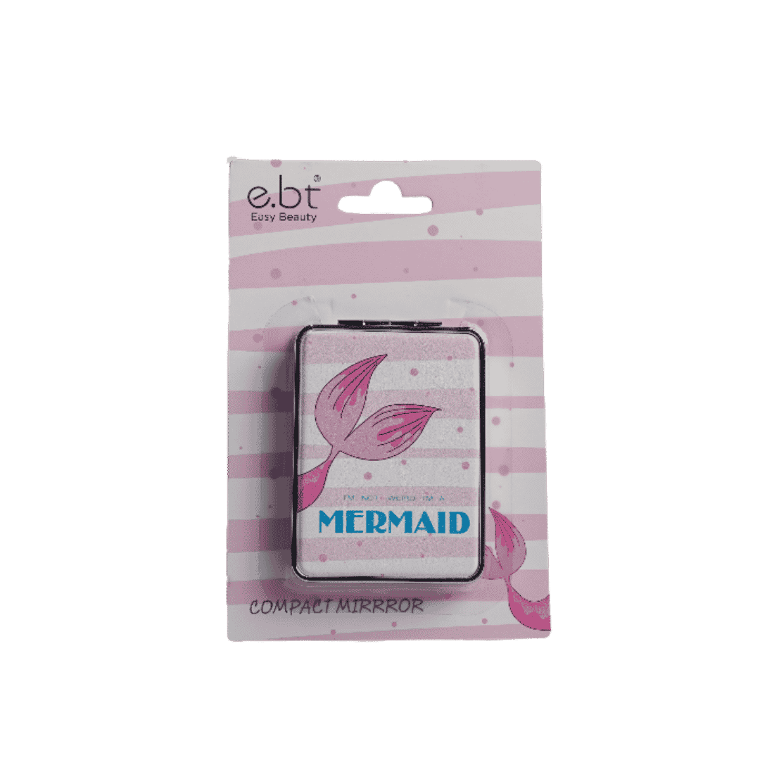 EBT Easy Beauty Mermaid compact mirror, square silver case in pink striped retail packaging.