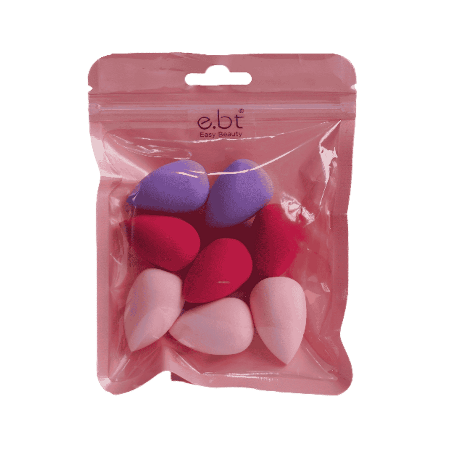 Easy Beauty mini makeup sponges in pink clear pouch with purple, pink, and fuchsia pieces