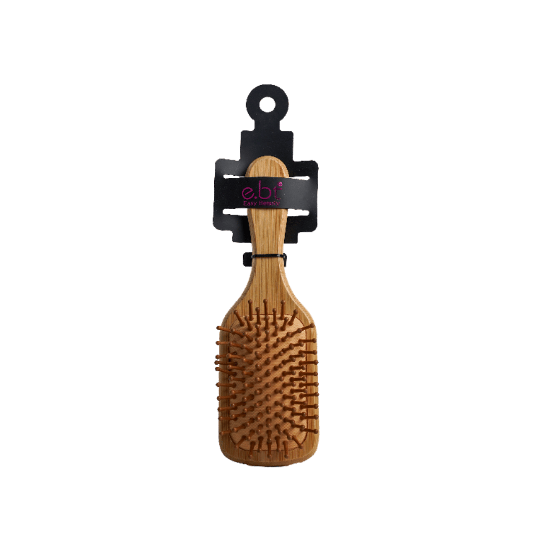 EBT Easy Beauty wooden paddle hair brush with brown bristles and black hanging tag.