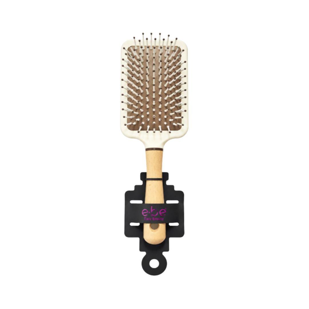 e.b.e Easy Beauty paddle hairbrush with wooden handle and cream bristles, black display packaging
