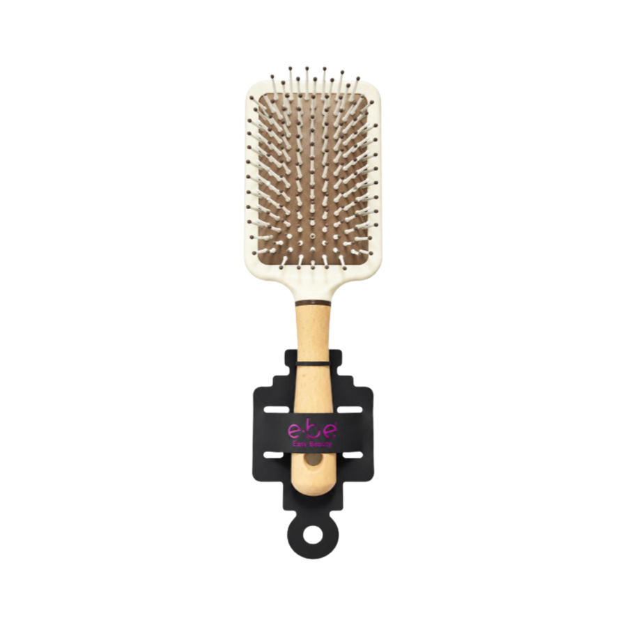 e.b.e Easy Beauty paddle hairbrush with wooden handle and cream bristles, black display packaging