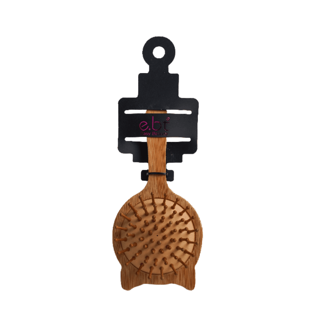 Easy Beauty small round wooden hair brush with brown bristles and black display card