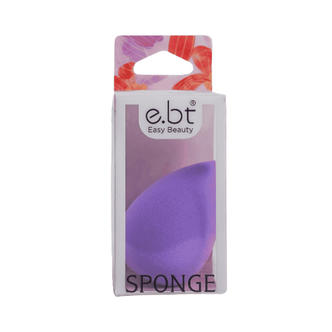 Easy Beauty purple makeup sponge in clear box with white and floral packaging