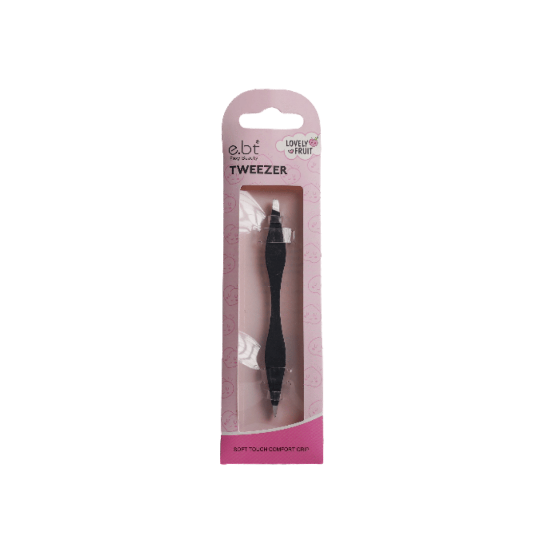 EBT Easy Beauty black tweezers in pink retail packaging with soft touch comfort grip.