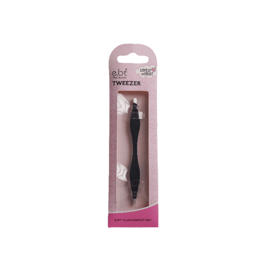 EBT Easy Beauty black tweezers in pink retail packaging with soft touch comfort grip.