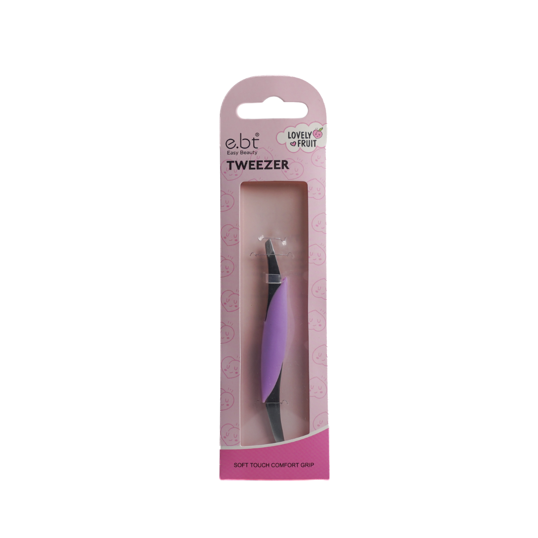 Easy Beauty Soft Touch Comfort Grip tweezer purple and black in pink Lovely Fruit box packaging