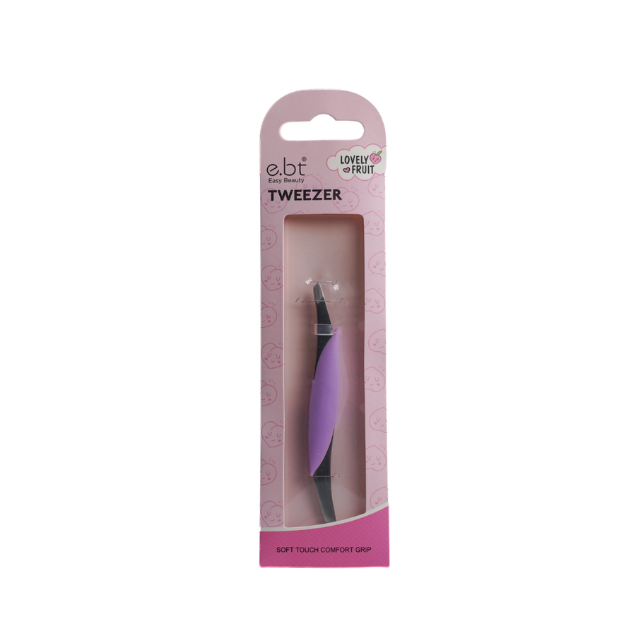 Easy Beauty Soft Touch Comfort Grip tweezer purple and black in pink Lovely Fruit box packaging