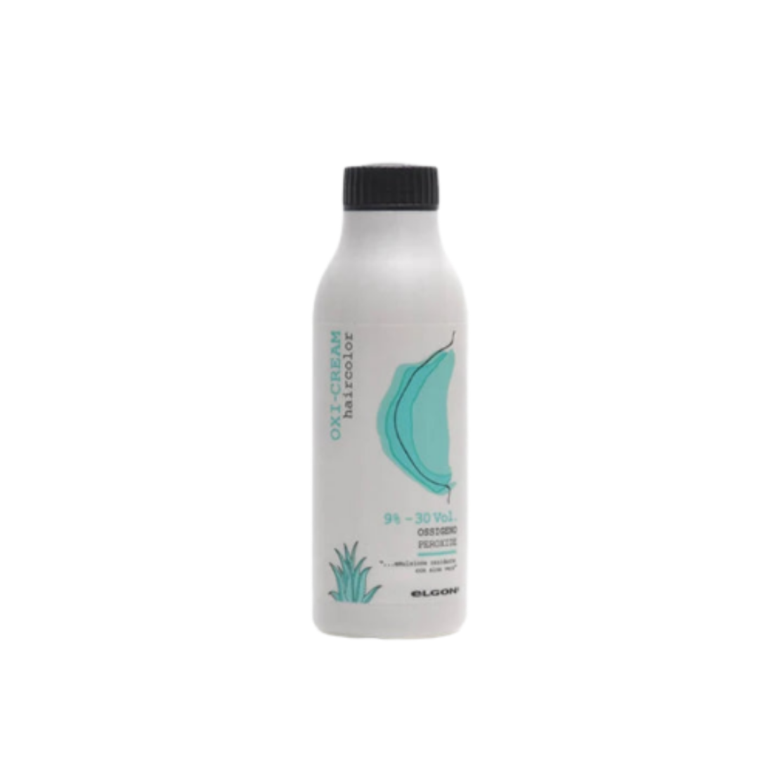 Elgon Oxi Cream developer 9% 30 Vol hydrogen peroxide hair color developer, bottle packaging.