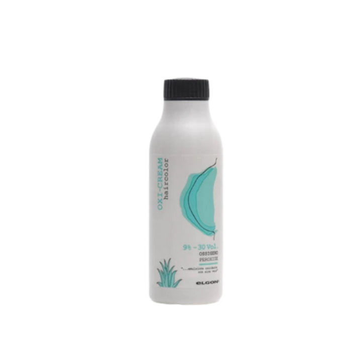 Elgon Oxi Cream developer 9% 30 Vol hydrogen peroxide hair color developer, bottle packaging.