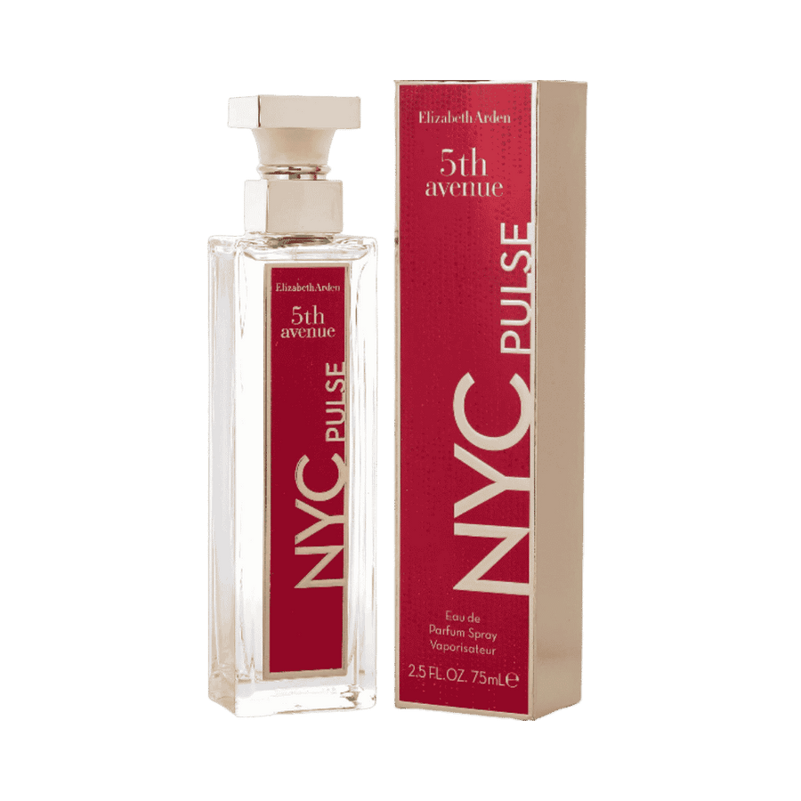 Elizabeth Arden 5th Avenue NYC Pulse Eau de Parfum, 75 ml, clear rectangular bottle with red label and matching box.