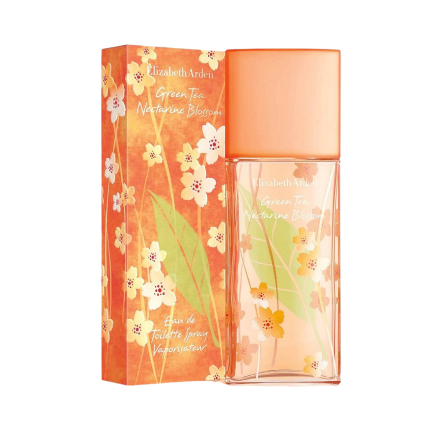 Elizabeth Arden Green Tea Nectarine Blossom EDT, 100ml, peach-toned rectangular bottle with orange cap and floral matching box.