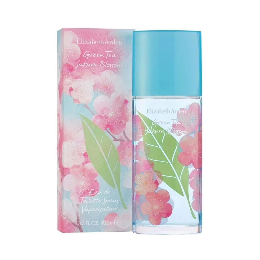 Elizabeth Arden Green Tea Sakura Blossom EDT, 100ml, clear rectangular bottle with blue cap and pink floral packaging.
