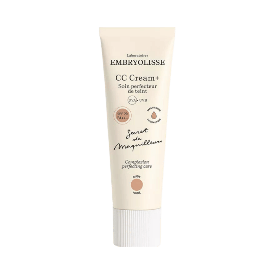 Embryolisse CC Cream+ complexion perfecting care, SPF 20 PA+++, nude shade, beige tube with white cap.