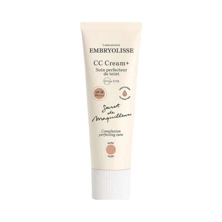 Embryolisse CC Cream+ complexion perfecting care, SPF 20 PA+++, nude shade, beige tube with white cap.