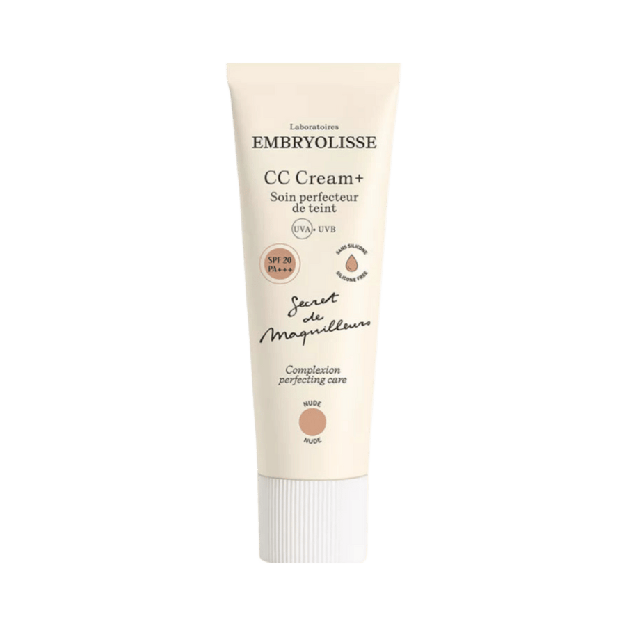 Embryolisse CC Cream+ complexion perfecting care, SPF 20 PA+++, nude shade, beige tube with white cap.