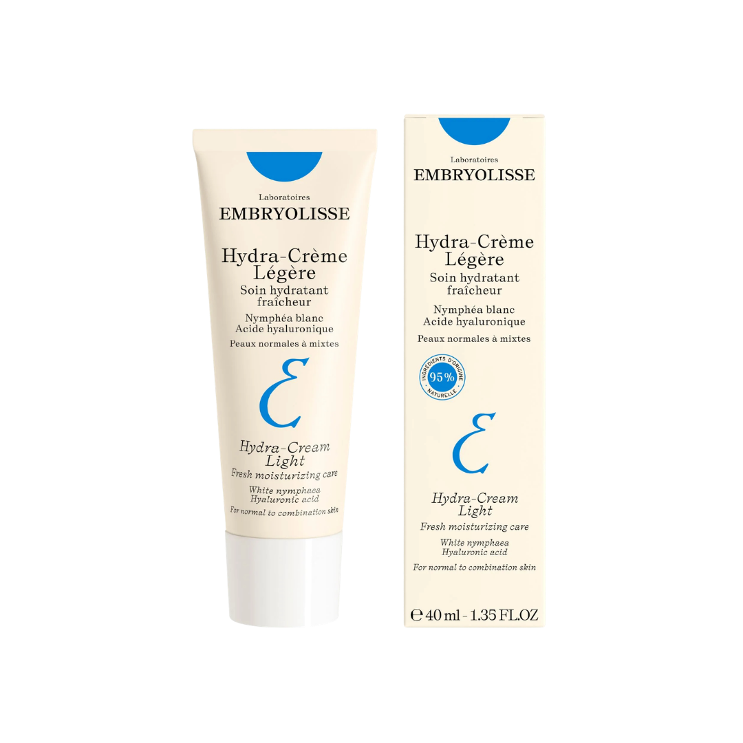 Embryolisse Hydra-Crème Légère light moisturizer, 40 ml beige tube and box with blue accents and hyaluronic acid labeling