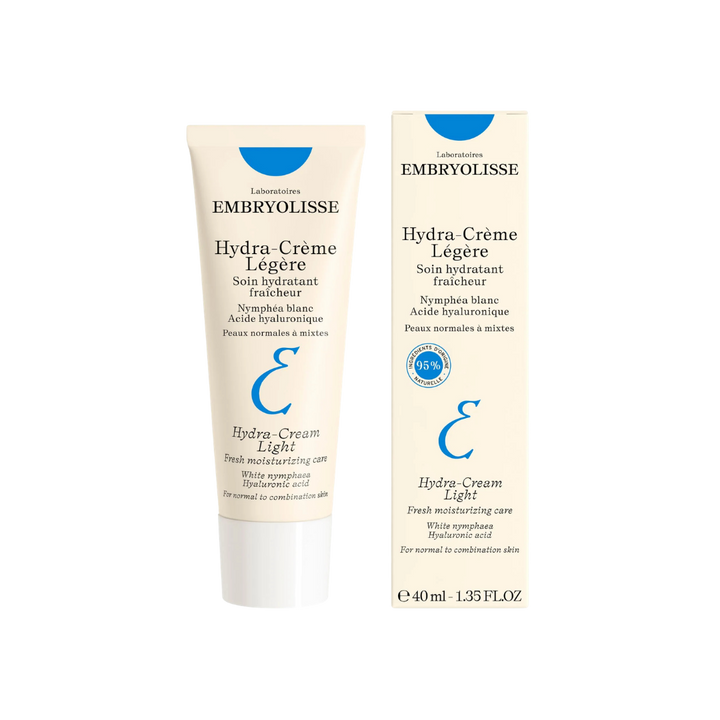 Embryolisse Hydra-Crème Légère light moisturizer, 40 ml beige tube and box with blue accents and hyaluronic acid labeling