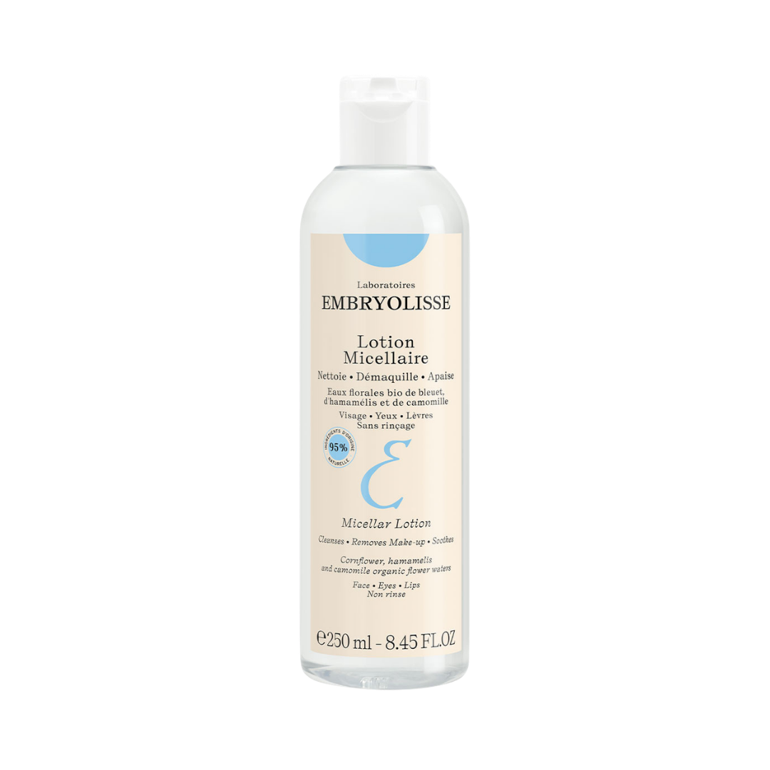 Embryolisse Micellar Lotion cleansing makeup remover 250ml clear bottle with white cap and cream label