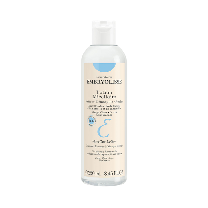 Embryolisse Micellar Lotion cleansing makeup remover 250ml clear bottle with white cap and cream label