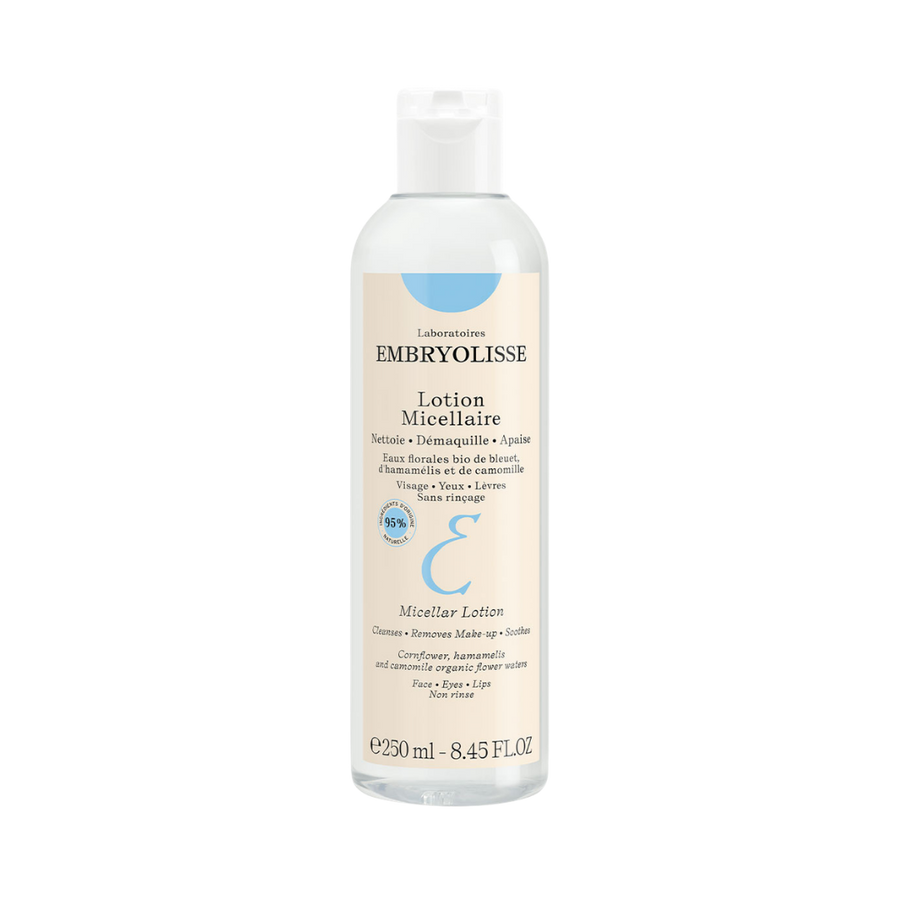 Embryolisse Micellar Lotion cleansing makeup remover 250ml clear bottle with white cap and cream label