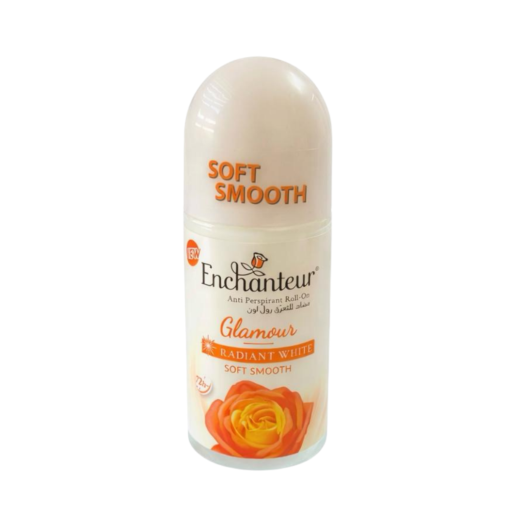 Enchanteur Glamour Radiant White Soft Smooth 75ml anti perspirant roll-on deodorant bottle