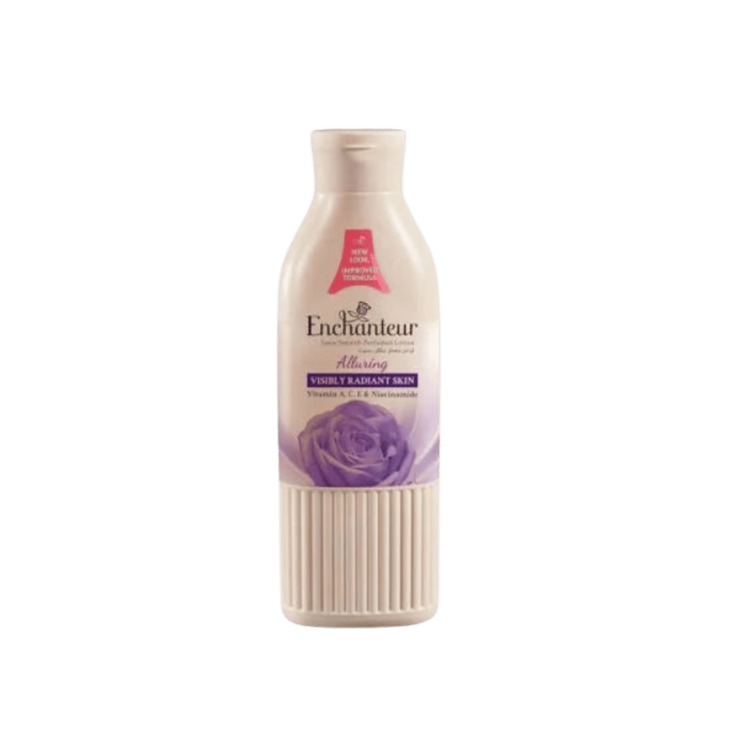 Enchanteur Alluring visible radiant skin body lotion bottle with purple rose label and white cap