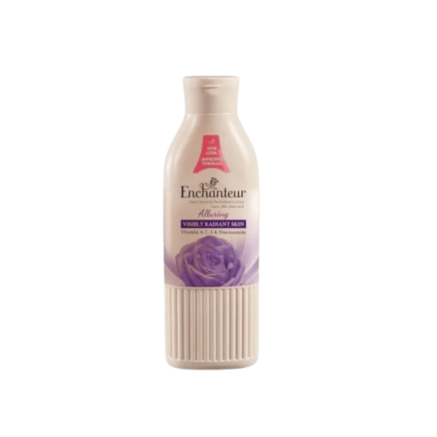 Enchanteur Alluring visible radiant skin body lotion bottle with purple rose label and white cap
