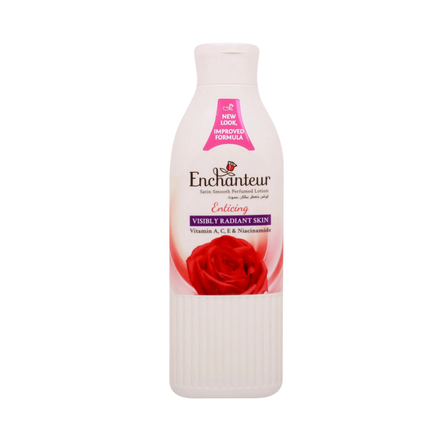 Enchanteur Enticing perfumed body lotion bottle, white packaging with red rose graphic, vitamins A C E niacinamide label