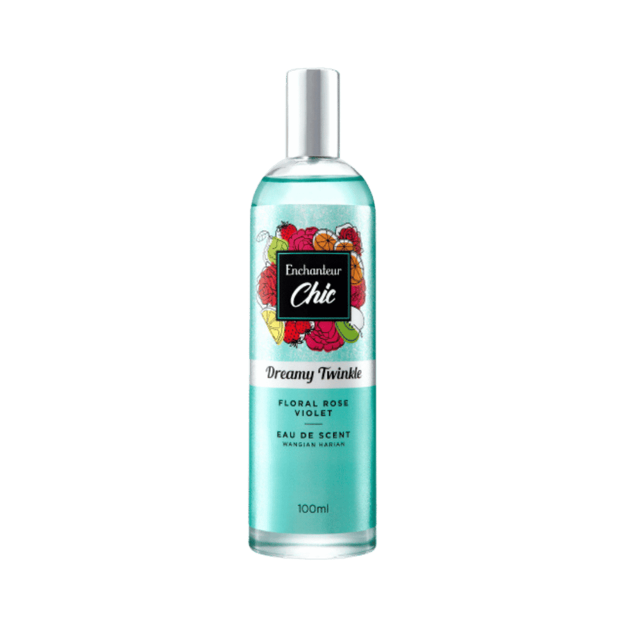 Enchanteur Chic Dreamy Twinkle floral rose violet eau de scent 100ml teal bottle silver cap