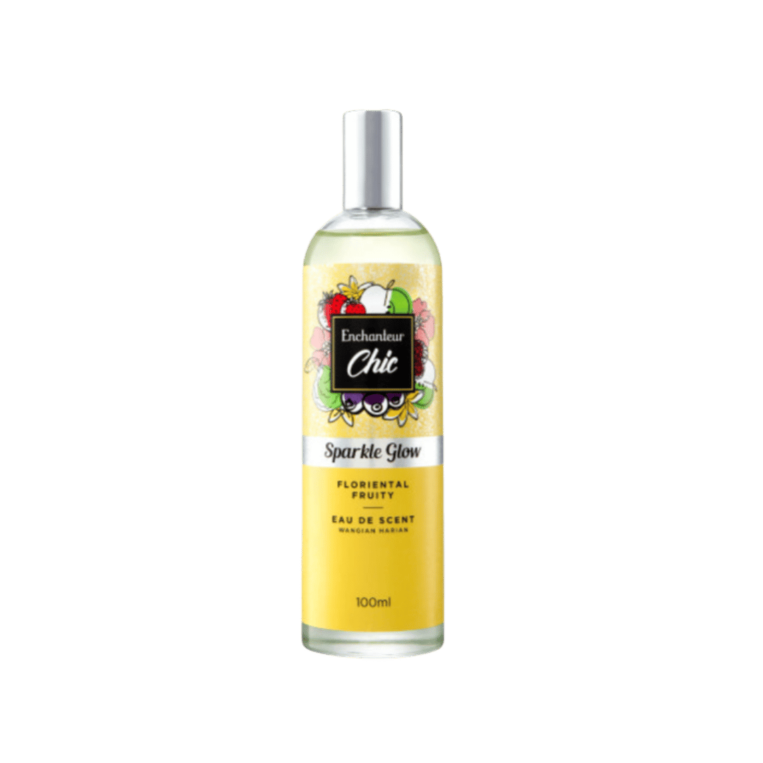 Enchanteur Chic Sparkle Glow eau de scent 100ml spray bottle, floriental fruity fragrance mist