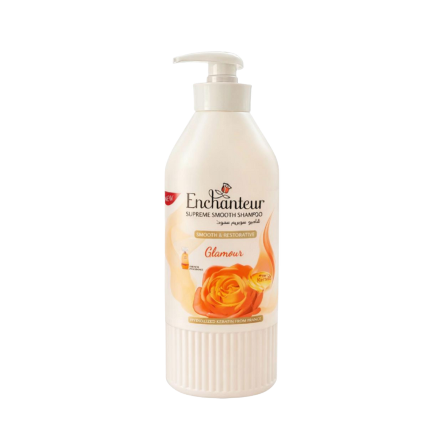Enchanteur Supreme Smooth Shampoo Glamour, pump bottle with rose illustration, hydrolyzed keratin formula.