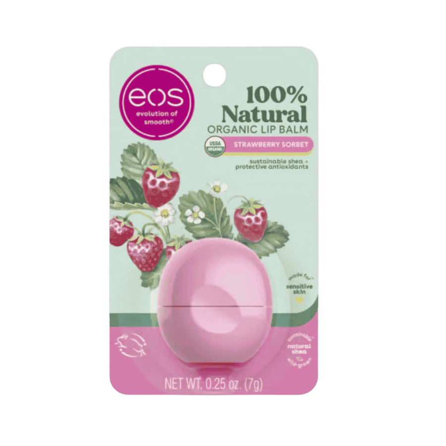 EOS Strawberry Sorbet organic lip balm in pink sphere packaging, 0.25 oz / 7 g.