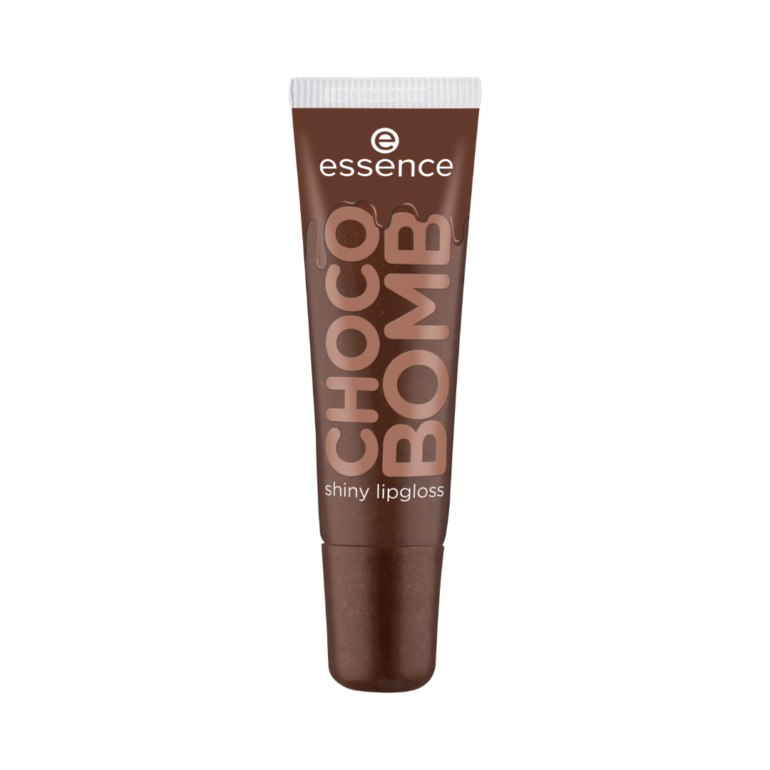 Essence Choco Bomb shiny lipgloss in brown squeeze tube with white cap and chocolate-themed packaging text
