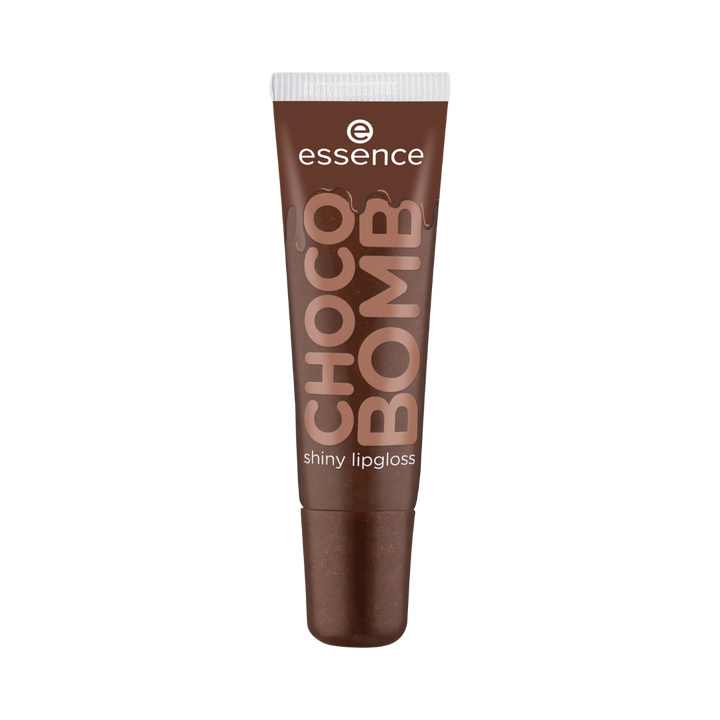 Essence Choco Bomb shiny lipgloss in brown squeeze tube with white cap and chocolate-themed packaging text
