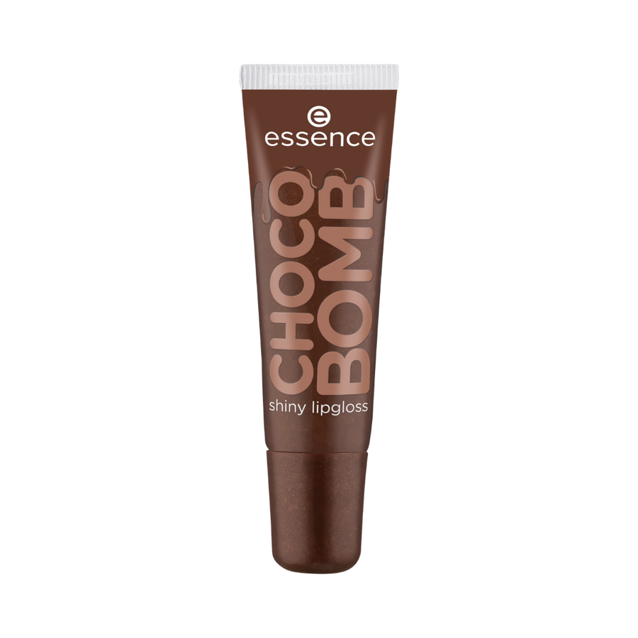 Essence Choco Bomb shiny lipgloss in brown squeeze tube with white cap and chocolate-themed packaging text
