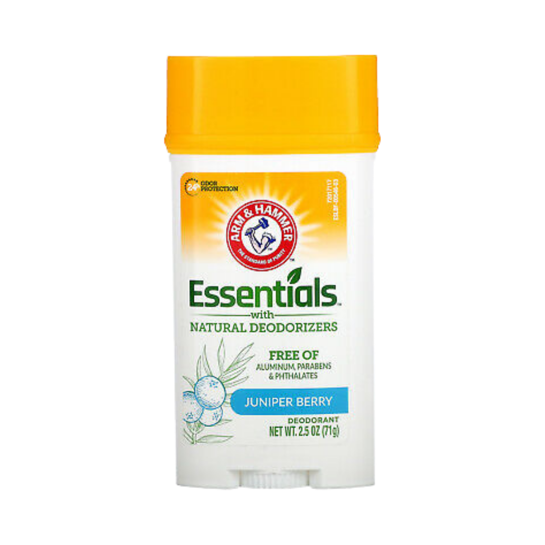 Arm & Hammer Essentials Deodorant, Juniper Berry scent, 2.5 oz (71g), with natural deodorizers, free of aluminum, parabens, and phthalates.