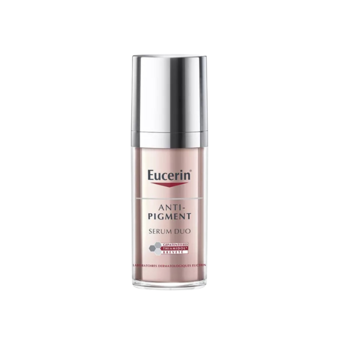Eucerin Anti-Pigment Serum Duo dual-chamber pump bottle with silver cap, clear plastic container