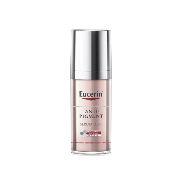 Eucerin Anti-Pigment Serum Duo dual-chamber pump bottle with silver cap, clear plastic container