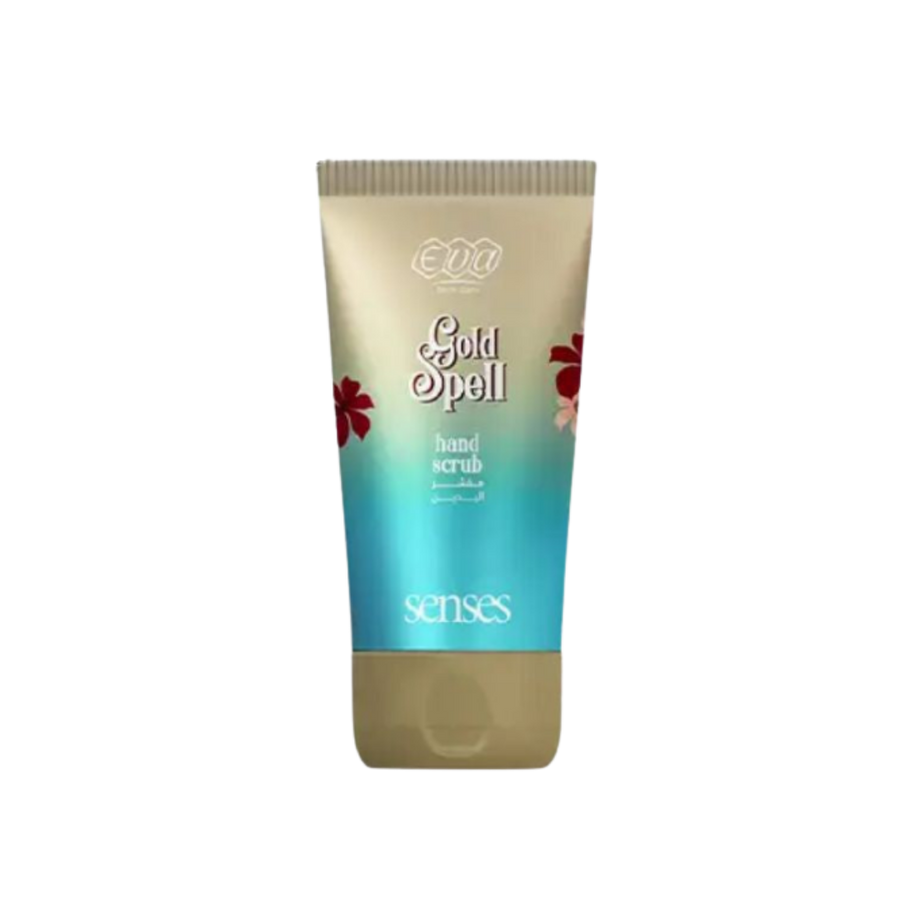 Eva Gold Spell Senses hand scrub, beige and turquoise squeeze tube with floral accents.