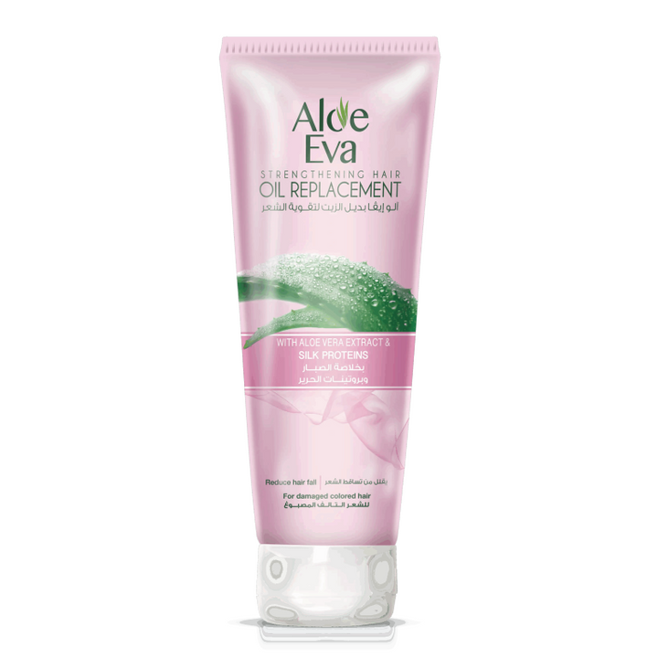 Aloe Eva Strengthening Hair Oil Replacement, pink squeeze tube with aloe graphic and white flip cap.