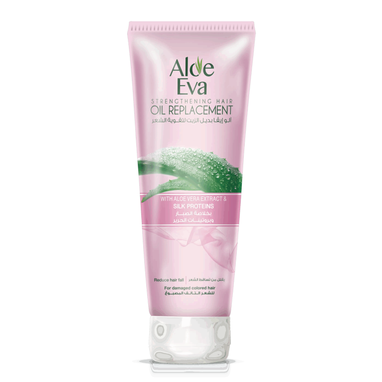 Aloe Eva Strengthening Hair Oil Replacement, pink squeeze tube with aloe graphic and white flip cap.