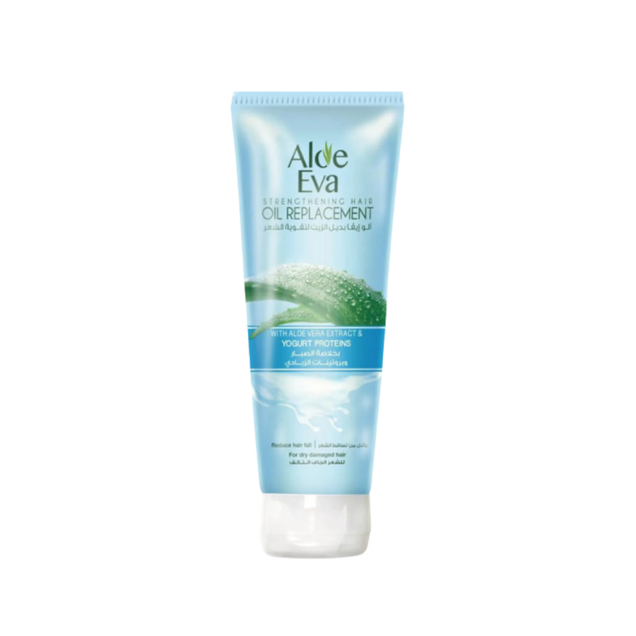 Aloe Eva Strengthening Hair Oil Replacement with aloe and yogurt proteins, blue tube with white cap.