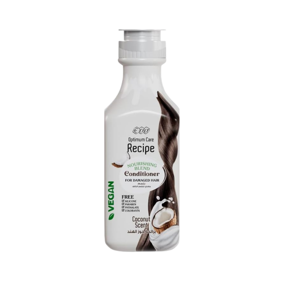 Eva Optimum Care Recipe nourishing blend conditioner coconut scent for damaged hair, white bottle with flip-top cap

