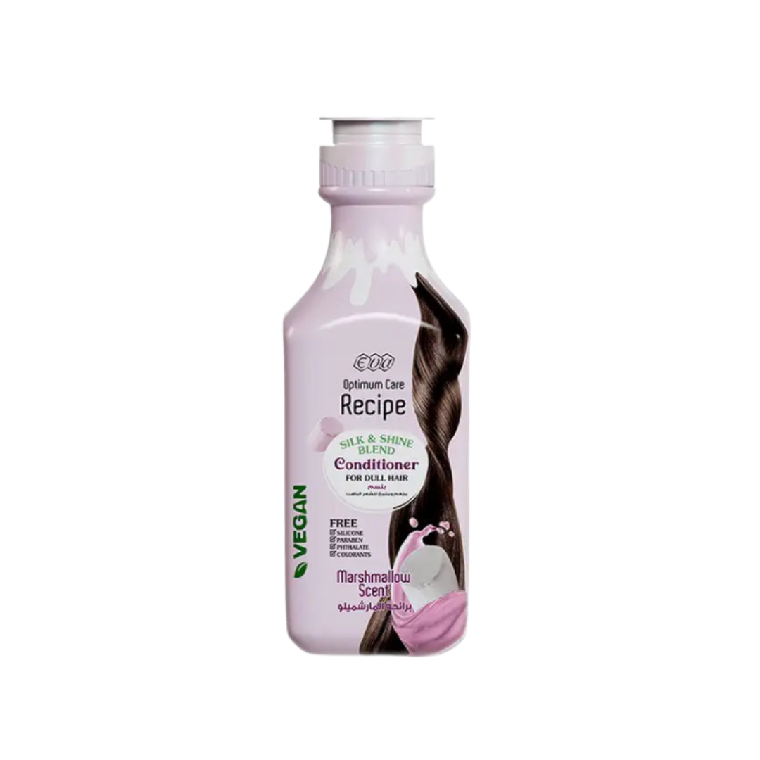 Eva Optimum Care Recipe Silk & Shine Conditioner bottle, marshmallow scent, vegan formula, for dull hair.