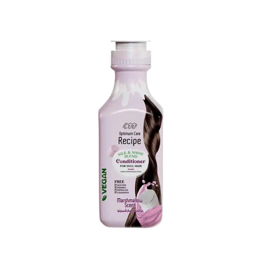 Eva Optimum Care Recipe Silk & Shine Conditioner bottle, marshmallow scent, vegan formula, for dull hair.