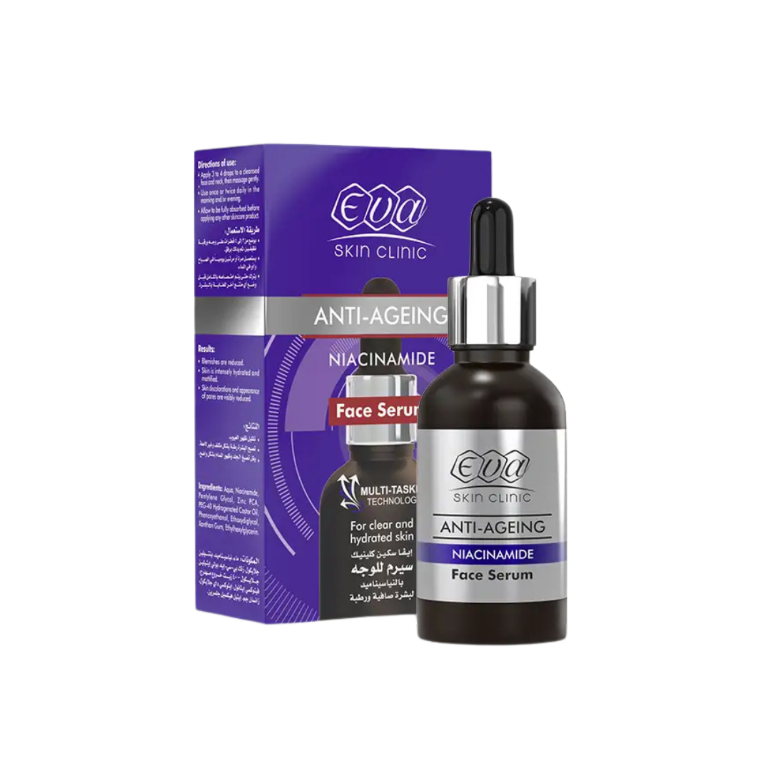 Eva Skin Clinic anti-ageing niacinamide face serum glass dropper bottle with purple box packaging